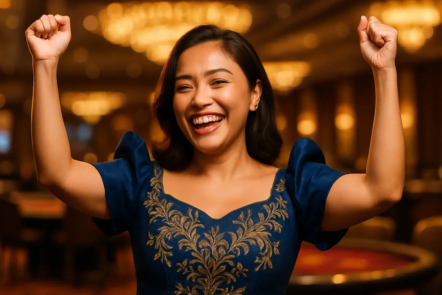 Joyful Filipino woman in elegant Filipiniana dress celebrating in casino VIP lounge