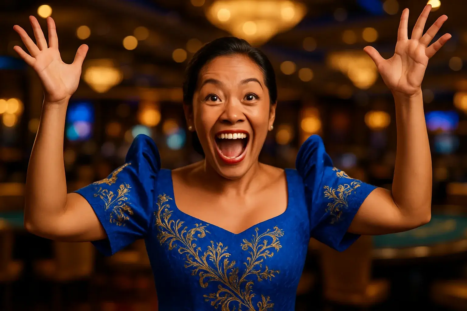 Thrilled Filipino woman in elegant Filipiniana attire celebrating in casino lounge