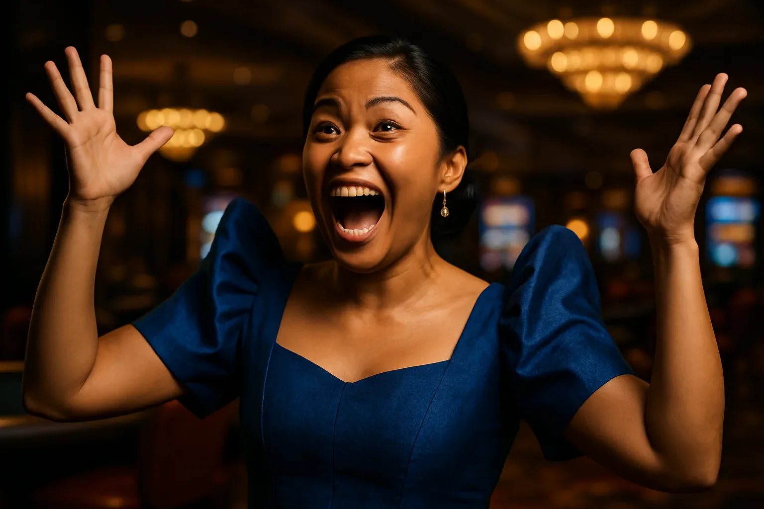 Thrilled Filipino woman in royal blue Filipiniana dress in casino lounge