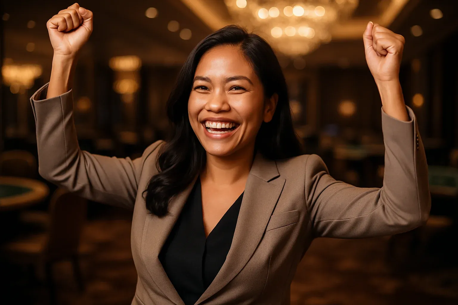 Joyful Filipino woman celebrating with raised arms in casino VIP lounge
