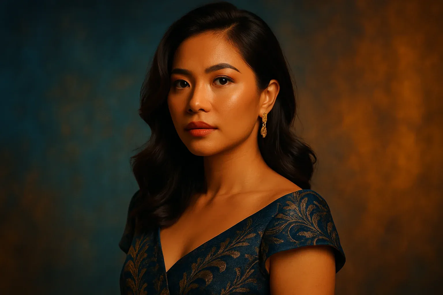 High-resolution portrait of stylish Filipino woman in elegant dress on blue and gold gradient background