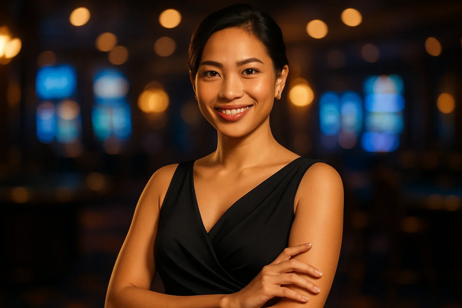 Elegant Filipino woman in evening dress smiling in blurred casino studio