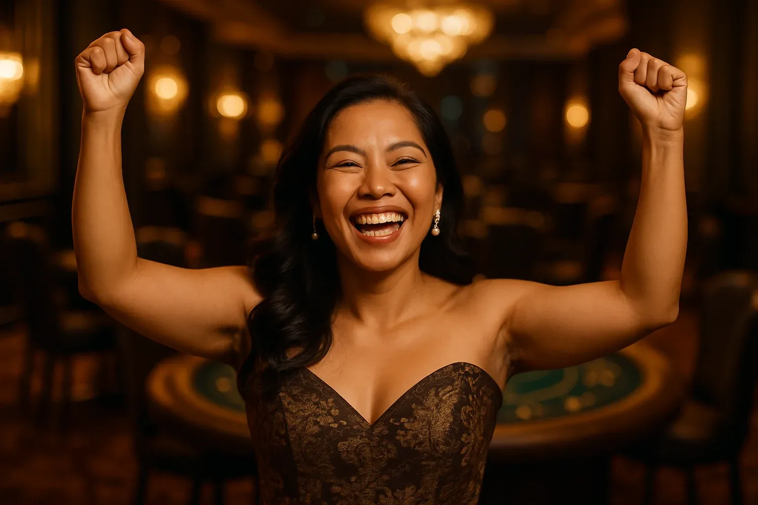 Joyful Filipino woman celebrating casino win in VIP lounge, arms raised
