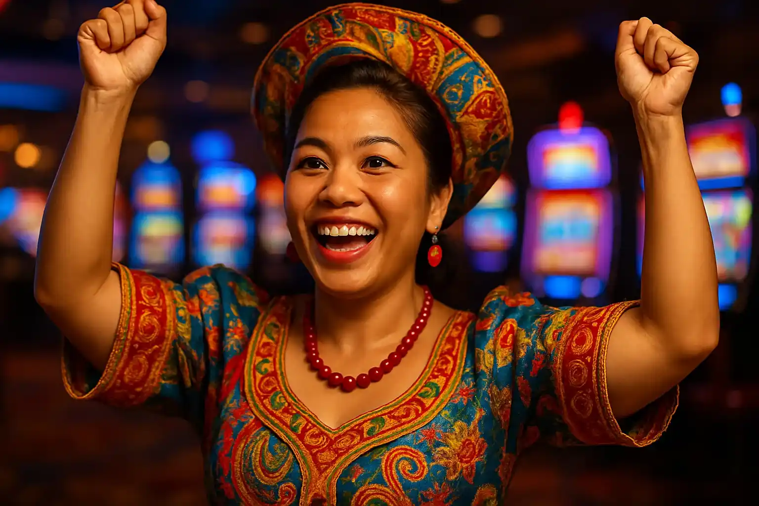 Excited Filipino woman celebrating with raised arms on blurred casino slots floor