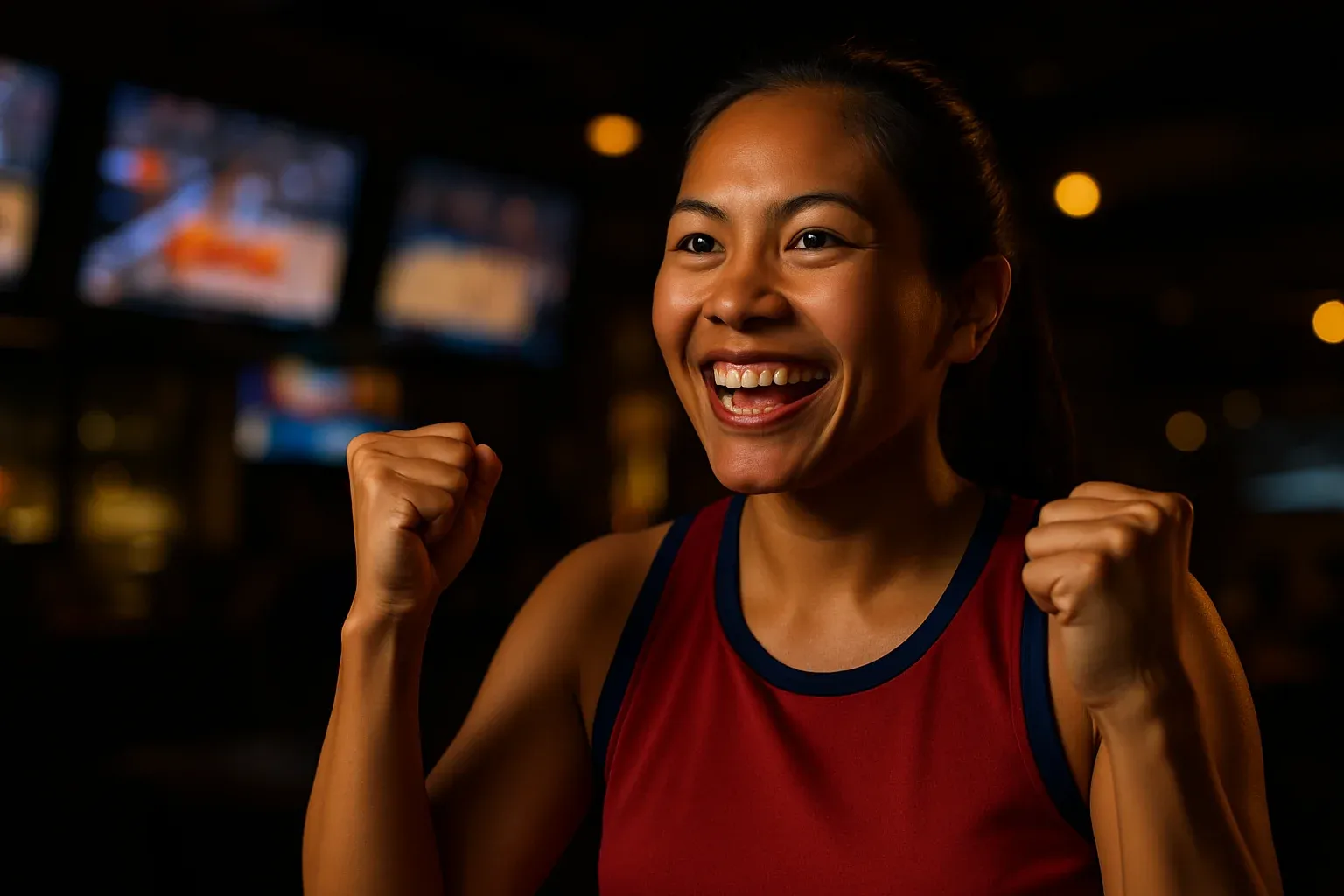 Enthusiastic Filipino woman celebrating in sports bar with raised fists